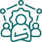Icon of a person in front of a gear, with three smaller people connected by lines above, representing teamwork, collaboration, or project management.