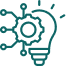 Outline of a light bulb with a gear inside and three connected lines branching off, symbolizing innovation, technology, and ideas.