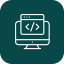 White line drawing of a desktop monitor with a web page containing a code symbol on a dark green rounded square background.