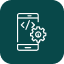 White line drawing of a smartphone with code brackets and a gear icon on its screen, symbolizing mobile app development, on a dark green rounded square background.