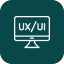 White outline of a desktop computer with UX/UI on the screen, centered on a dark green rounded square background.