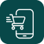 White icon of a shopping cart with motion lines in front of a smartphone on a dark green rounded square background, representing mobile shopping or e-commerce.