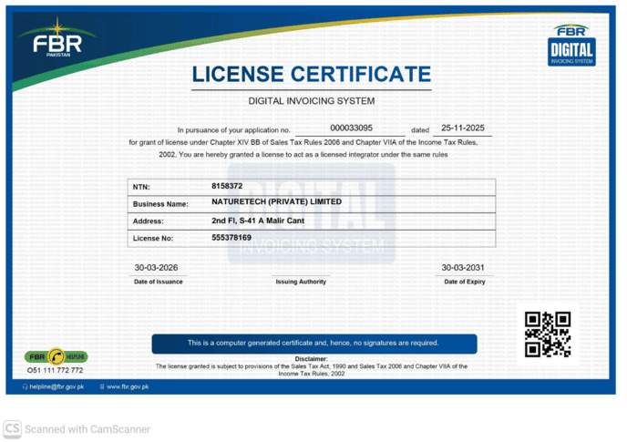 NatureTech FBR Digital Invoicing System License Certificate – Licensed FBR Digital Invoicing Integration Partner in Pakistan
